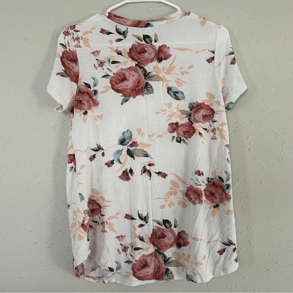 12 PM by Mon Ami White Pink Floral Short Sleeve Blouse Soft Comfy Stretch Large - Picture 4 of 6